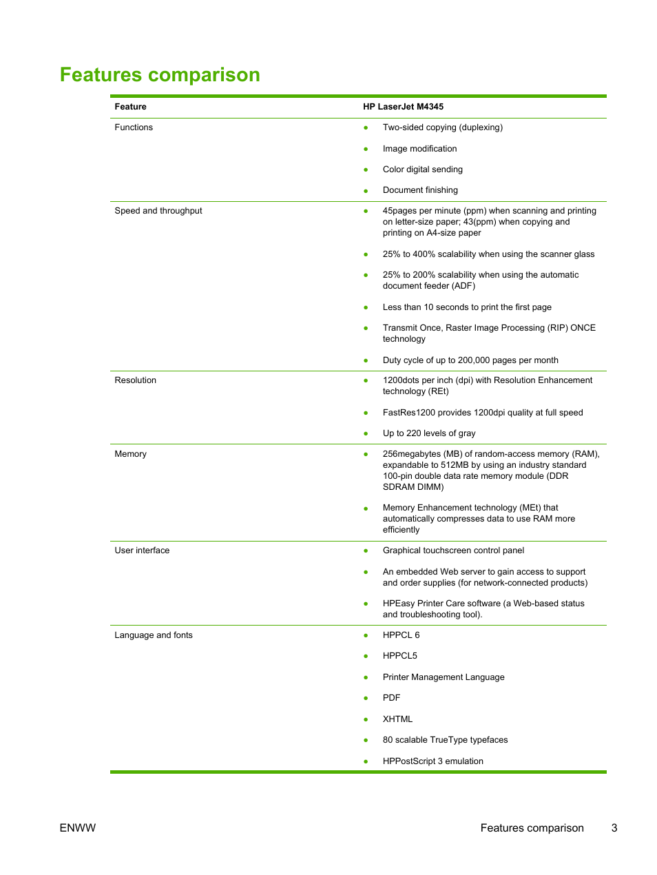 Features comparison, Enww features comparison 3 | HP LaserJet M4345 Multifunction Printer series User Manual | Page 15 / 296