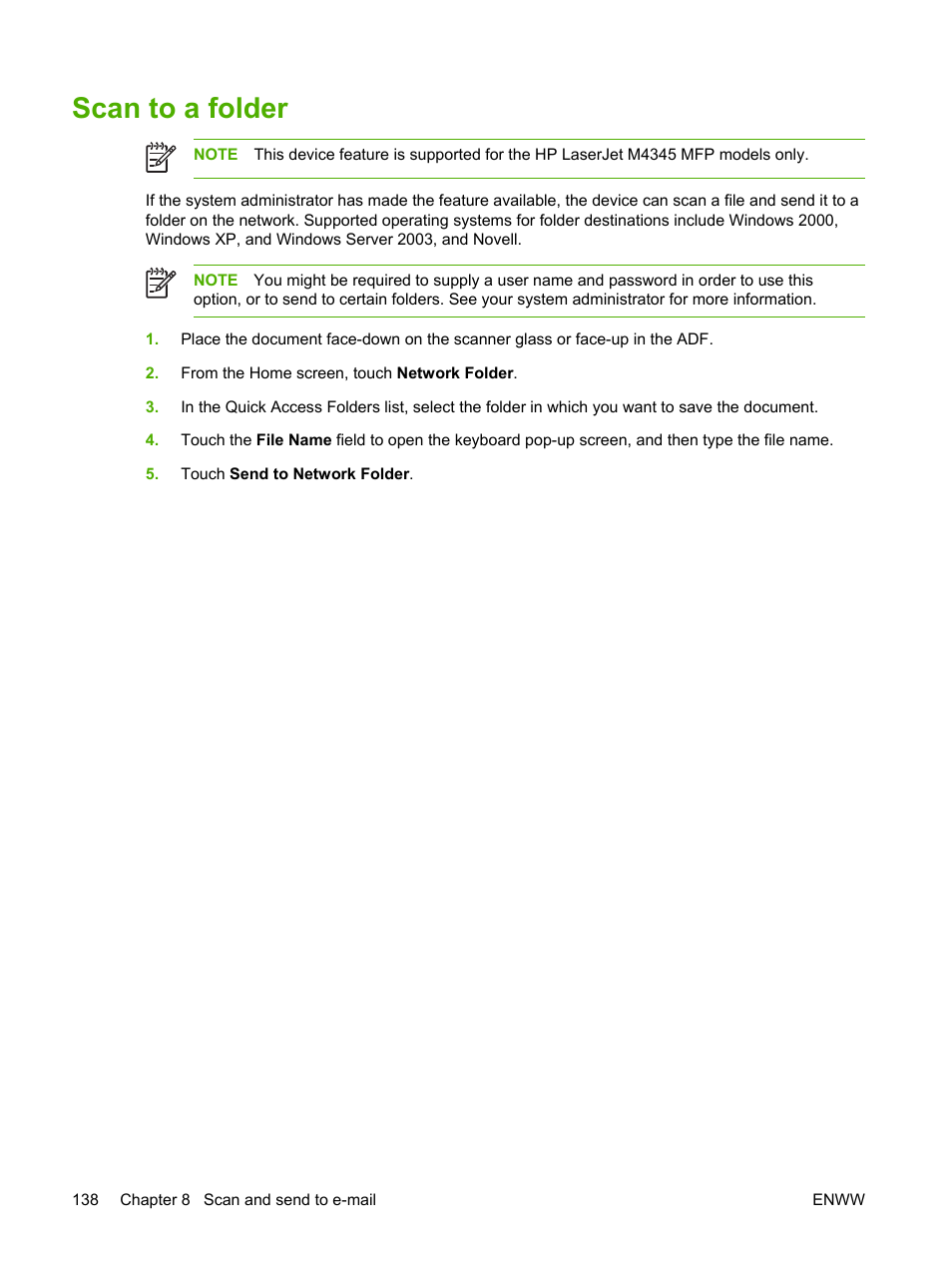 Scan to a folder | HP LaserJet M4345 Multifunction Printer series User Manual | Page 150 / 296