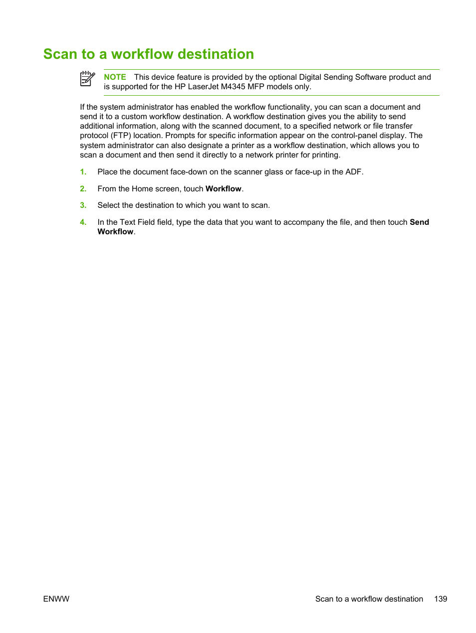 Scan to a workflow destination | HP LaserJet M4345 Multifunction Printer series User Manual | Page 151 / 296