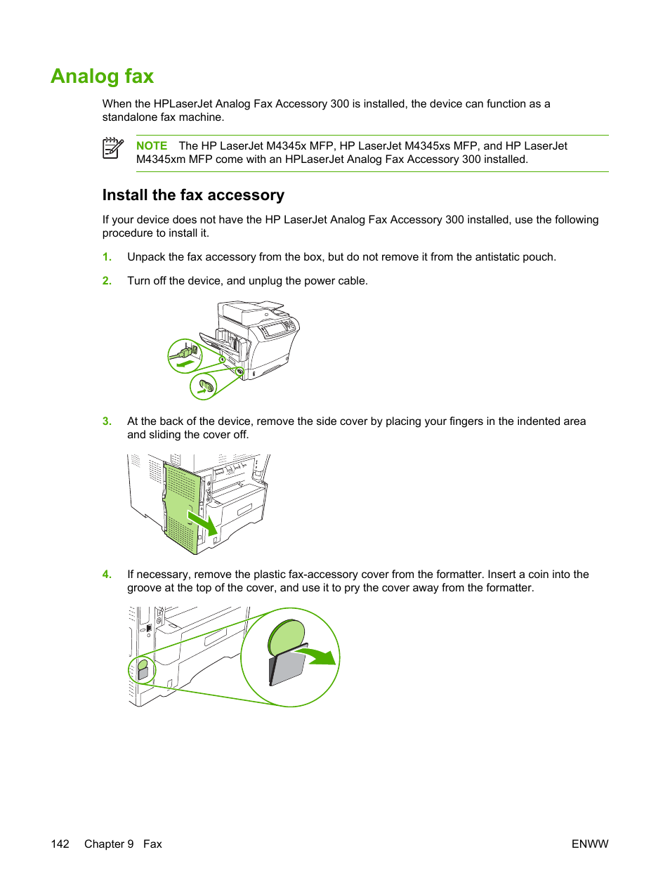 Analog fax, Install the fax accessory | HP LaserJet M4345 Multifunction Printer series User Manual | Page 154 / 296