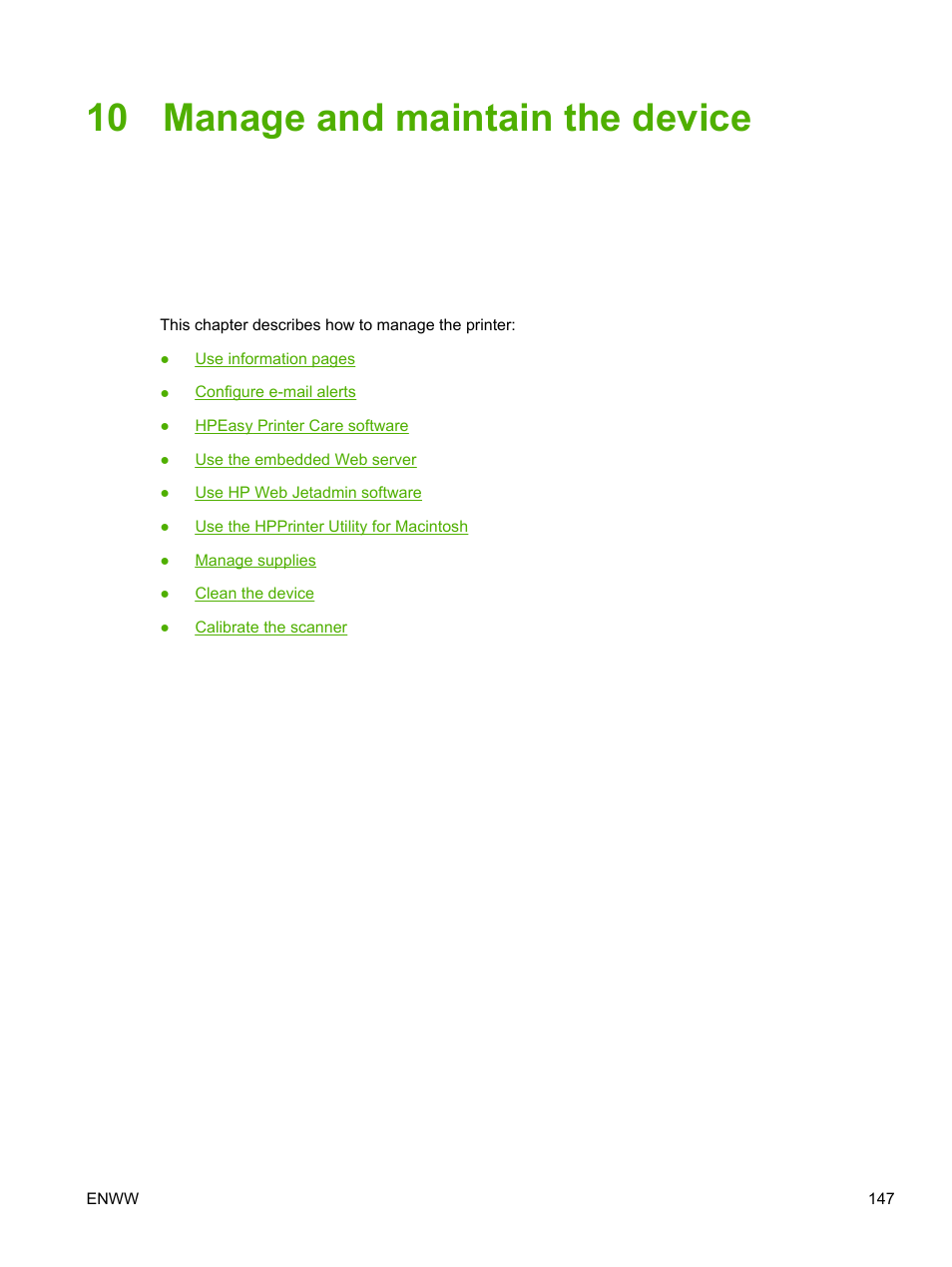 Manage and maintain the device, 10 manage and maintain the device | HP LaserJet M4345 Multifunction Printer series User Manual | Page 159 / 296