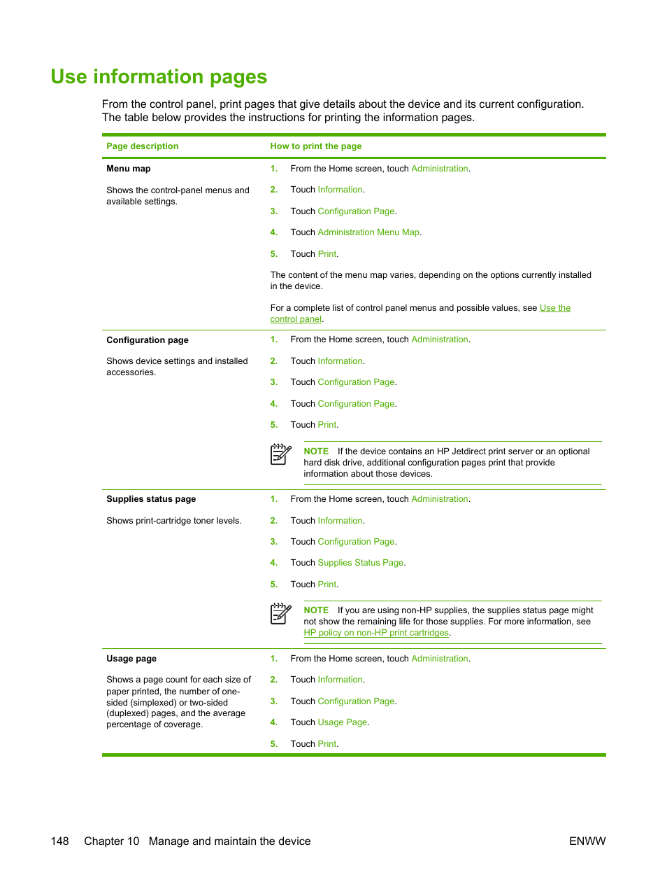 Use information pages | HP LaserJet M4345 Multifunction Printer series User Manual | Page 160 / 296