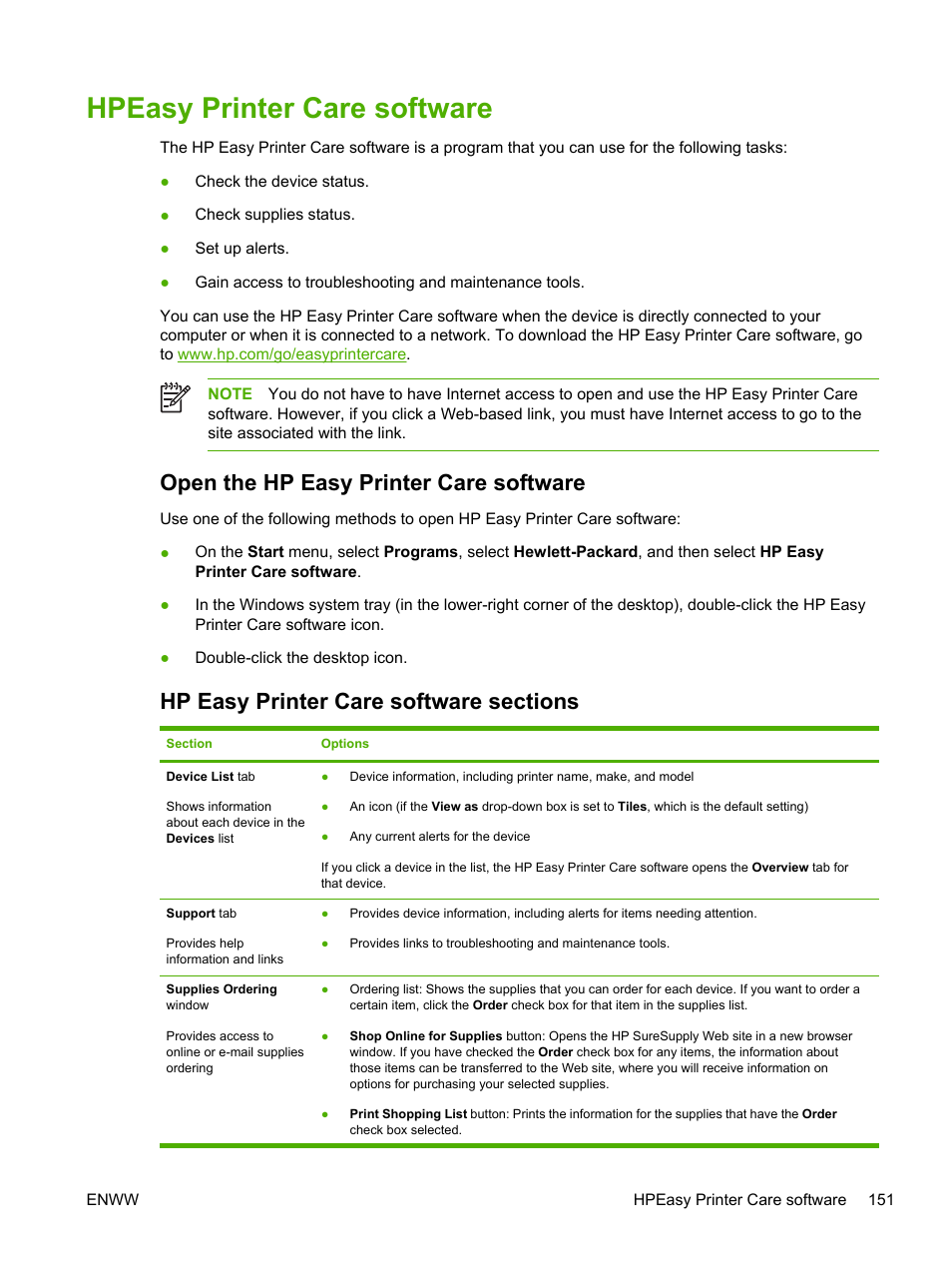 Hpeasy printer care software, Open the hp easy printer care software, Hp easy printer care software sections | HP LaserJet M4345 Multifunction Printer series User Manual | Page 163 / 296