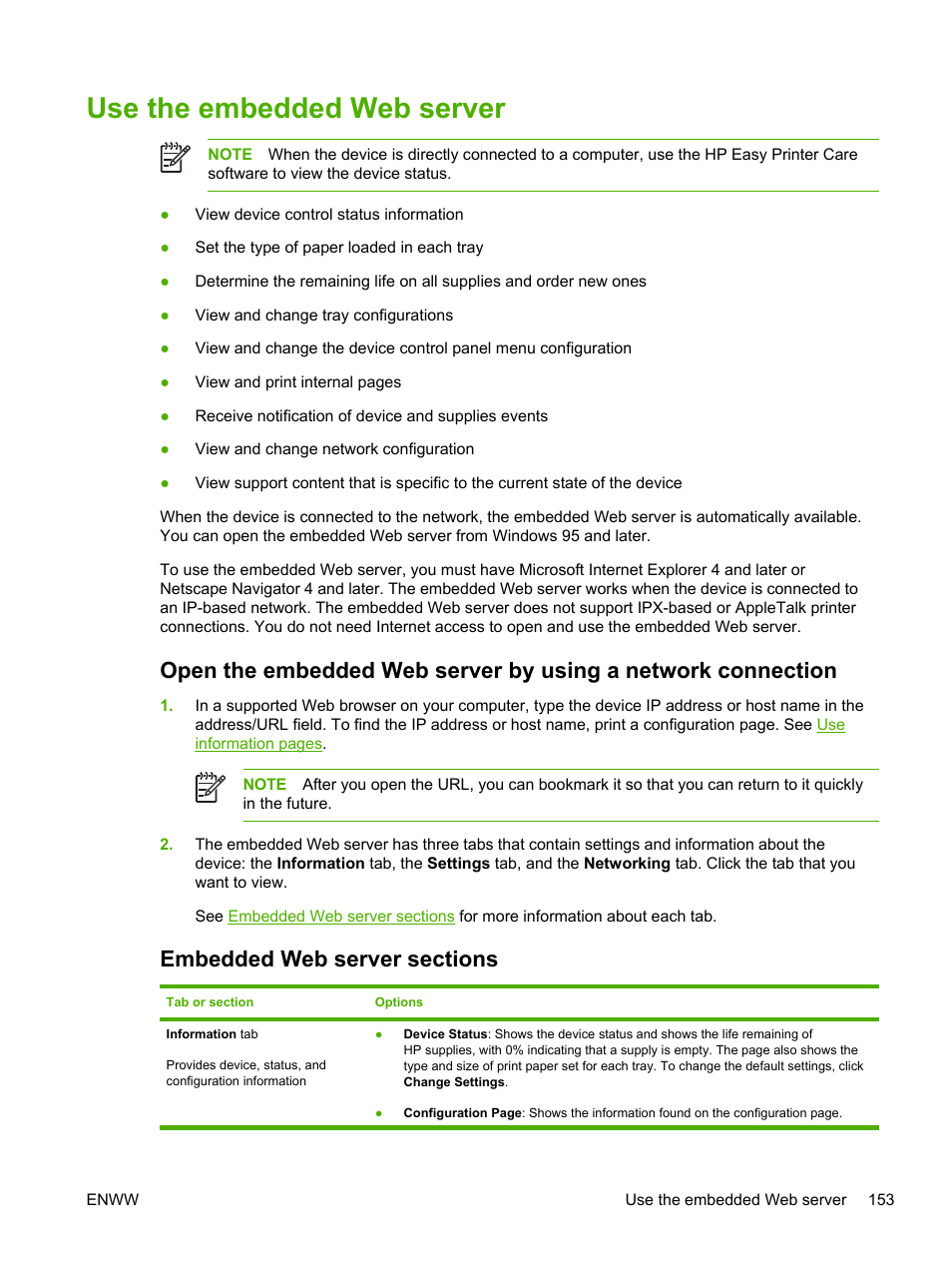 Use the embedded web server, Embedded web server sections | HP LaserJet M4345 Multifunction Printer series User Manual | Page 165 / 296