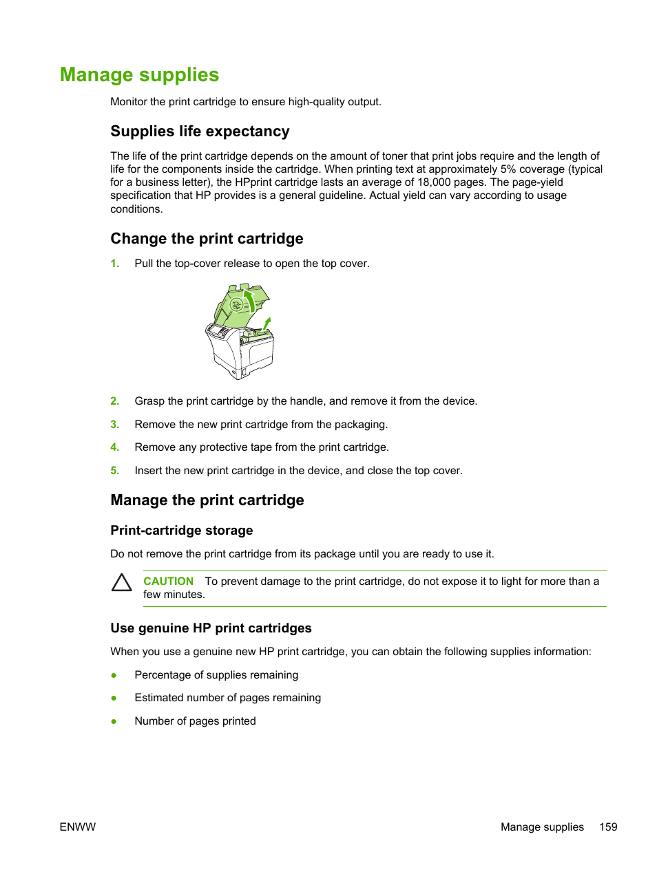 Manage supplies, Supplies life expectancy, Change the print cartridge | Manage the print cartridge, Print-cartridge storage, Use genuine hp print cartridges | HP LaserJet M4345 Multifunction Printer series User Manual | Page 171 / 296