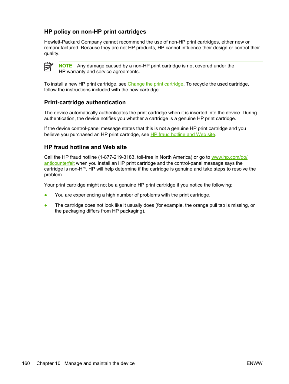 Hp policy on non-hp print cartridges, Print-cartridge authentication, Hp fraud hotline and web site | HP LaserJet M4345 Multifunction Printer series User Manual | Page 172 / 296