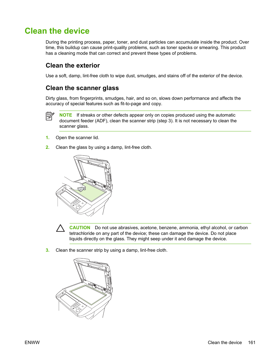 Clean the device, Clean the exterior, Clean the scanner glass | Clean the exterior clean the scanner glass | HP LaserJet M4345 Multifunction Printer series User Manual | Page 173 / 296
