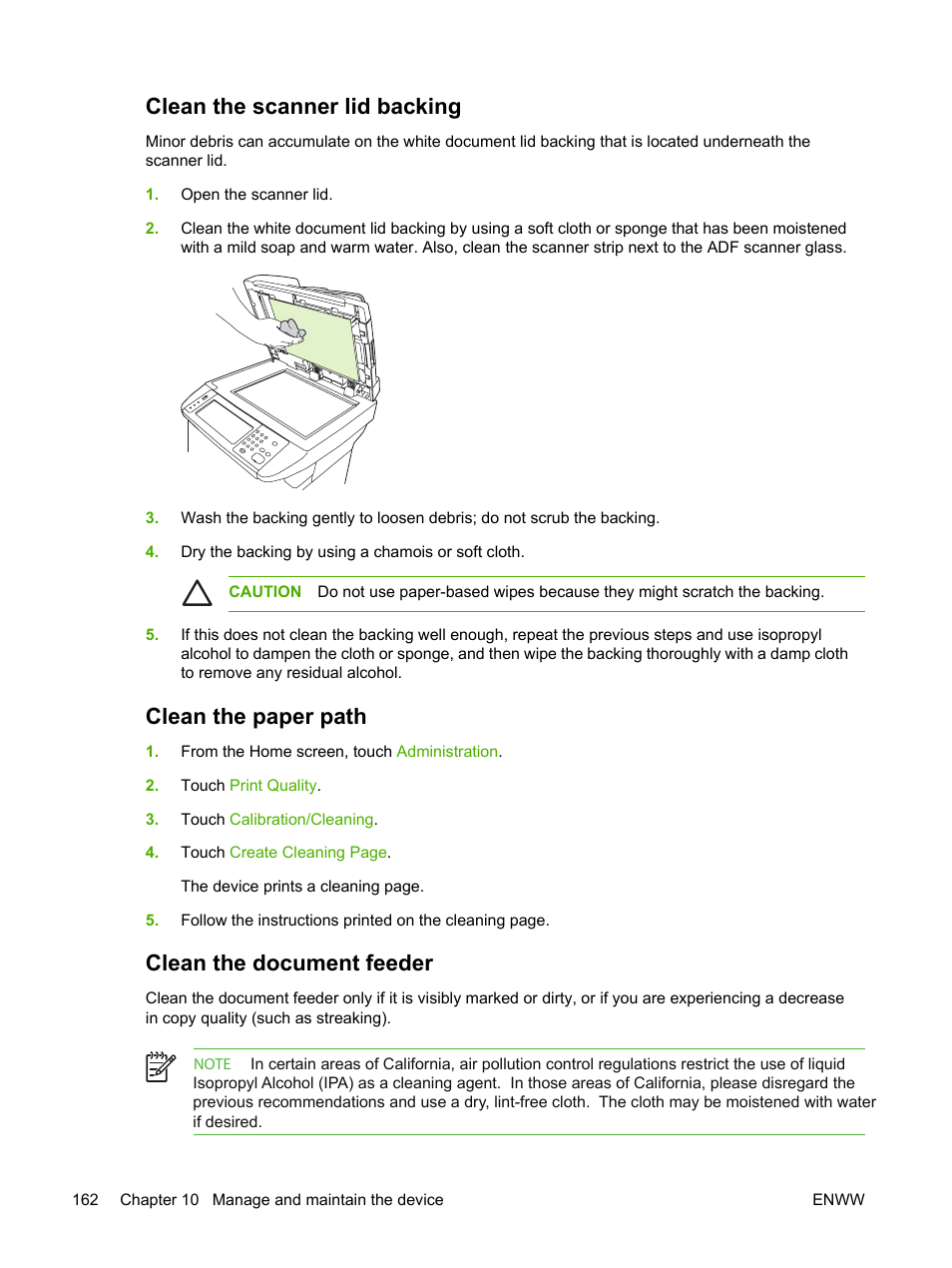 Clean the scanner lid backing, Clean the paper path, Clean the document feeder | HP LaserJet M4345 Multifunction Printer series User Manual | Page 174 / 296