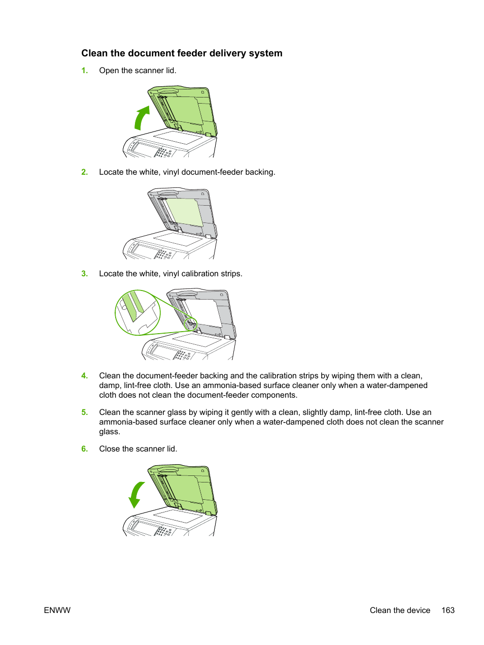 Clean the document feeder delivery system | HP LaserJet M4345 Multifunction Printer series User Manual | Page 175 / 296