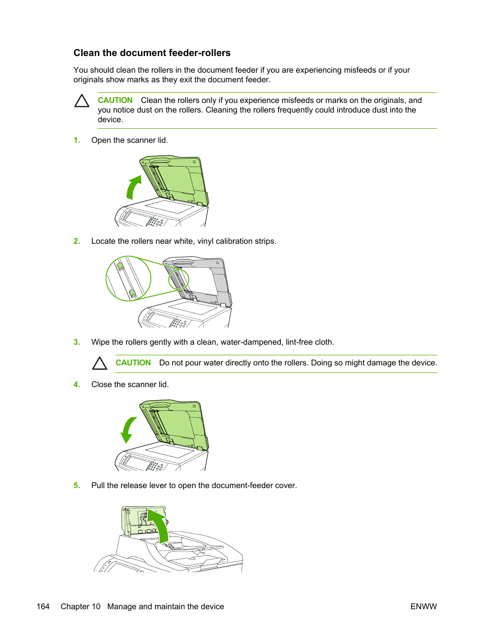 Clean the document feeder-rollers | HP LaserJet M4345 Multifunction Printer series User Manual | Page 176 / 296