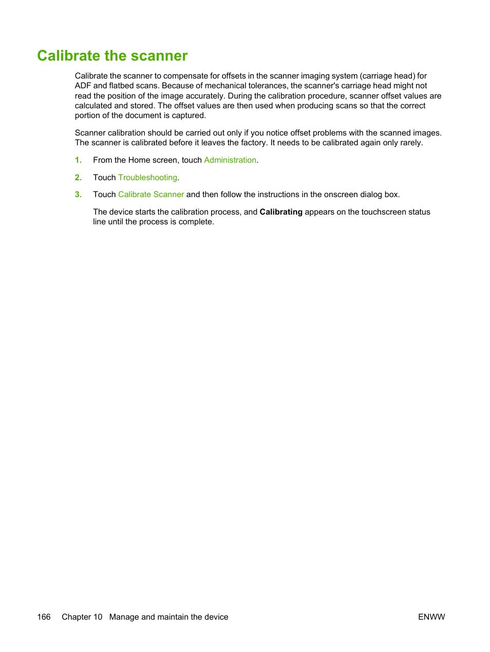 Calibrate the scanner | HP LaserJet M4345 Multifunction Printer series User Manual | Page 178 / 296