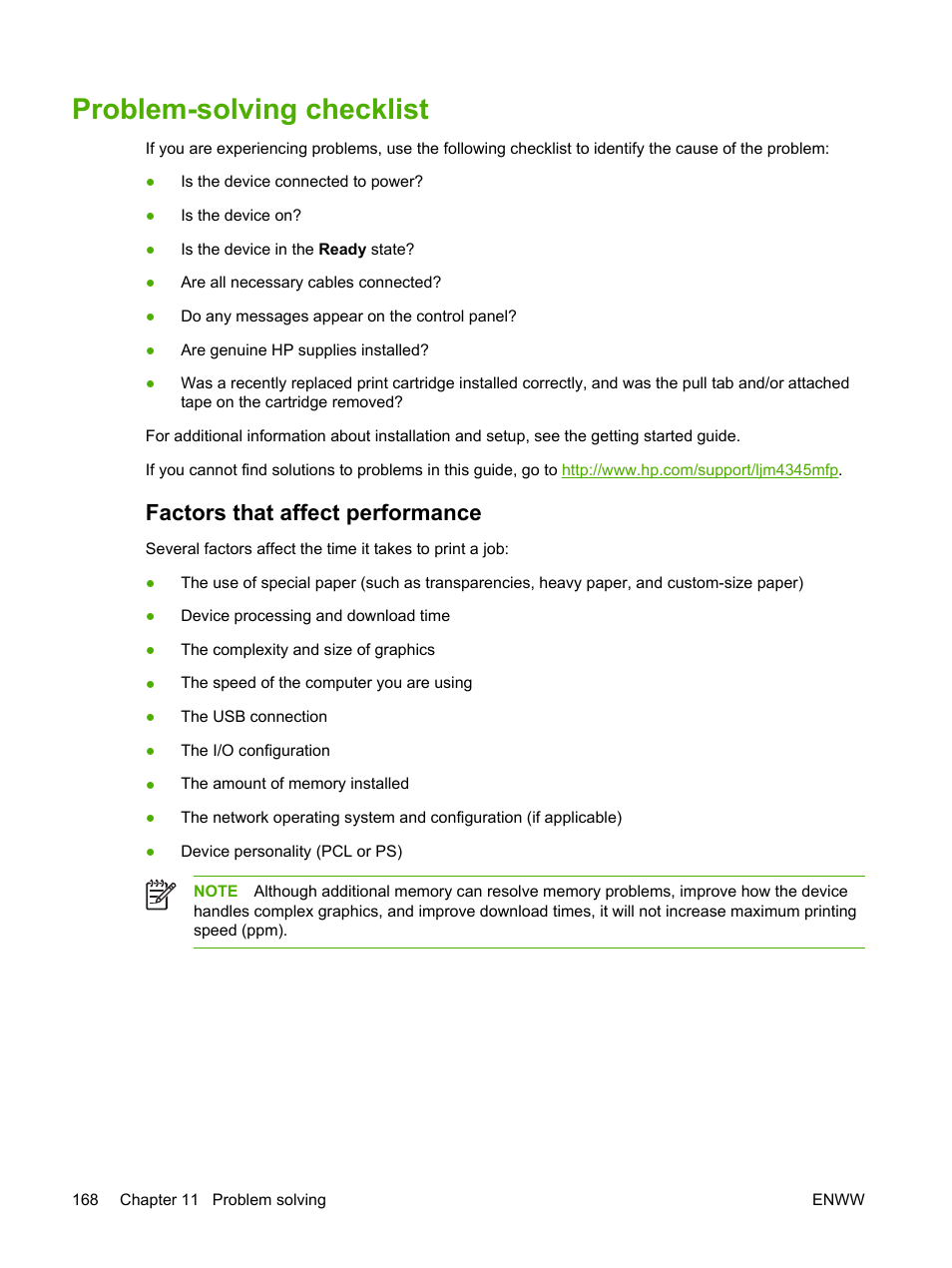 Problem-solving checklist, Factors that affect performance | HP LaserJet M4345 Multifunction Printer series User Manual | Page 180 / 296