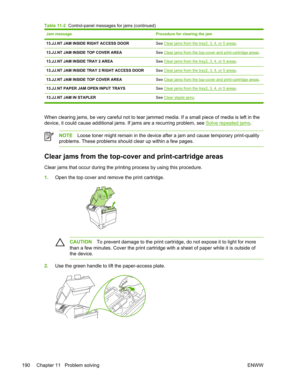 Clear jams from the top, Cover and print-cartridge areas | HP LaserJet M4345 Multifunction Printer series User Manual | Page 202 / 296