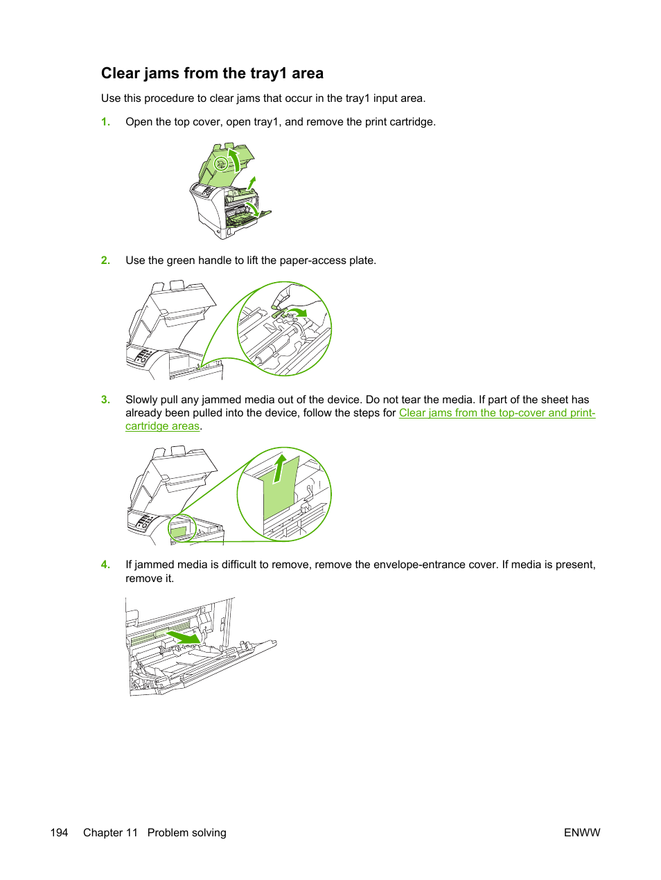 Clear jams from the tray1 area, Clear jams from the tray1, Area | HP LaserJet M4345 Multifunction Printer series User Manual | Page 206 / 296