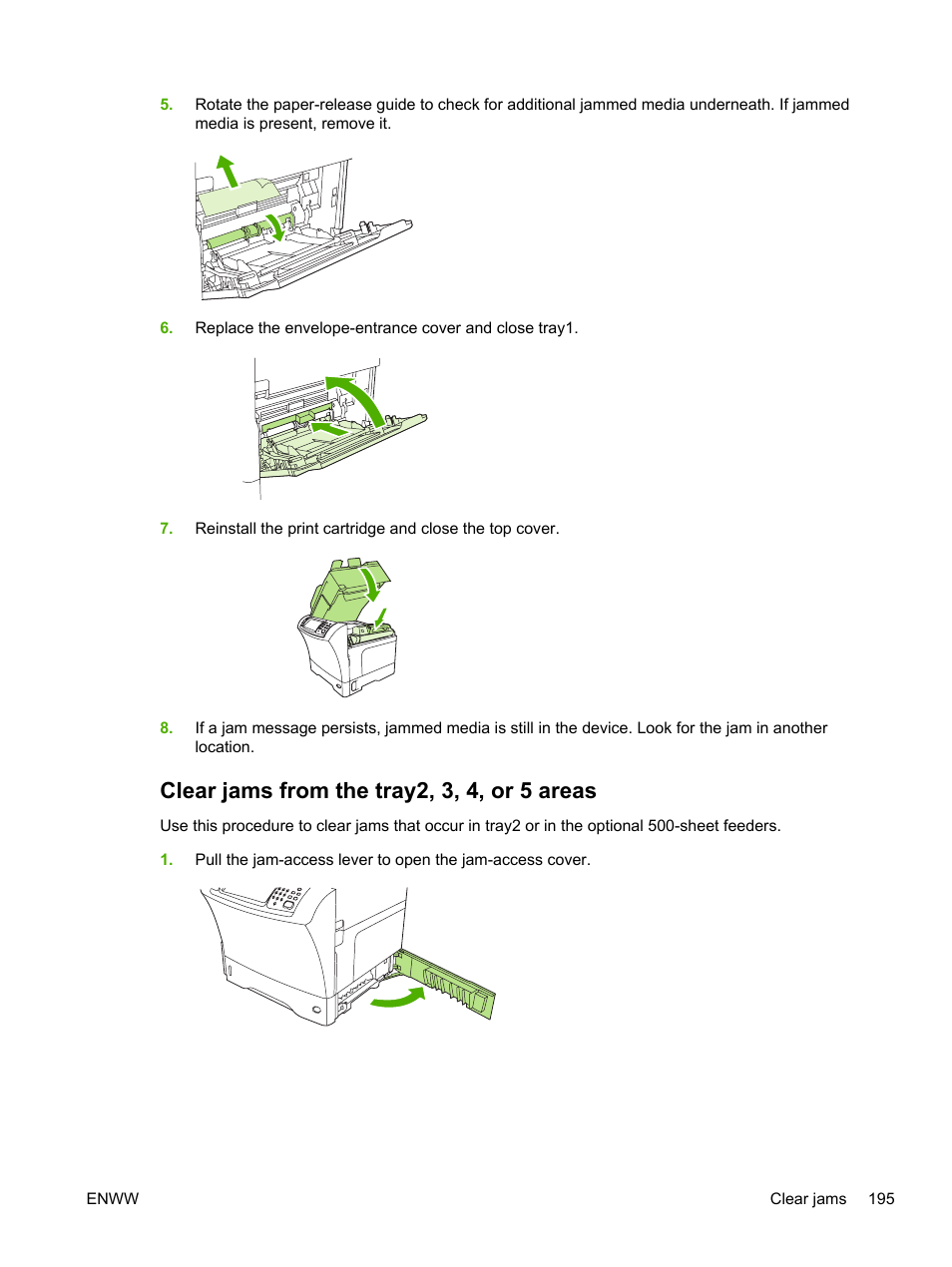 Clear jams from the tray2, 3, 4, or 5 areas, Clear jams from the tray2, 3, 4, or 5 areas | HP LaserJet M4345 Multifunction Printer series User Manual | Page 207 / 296