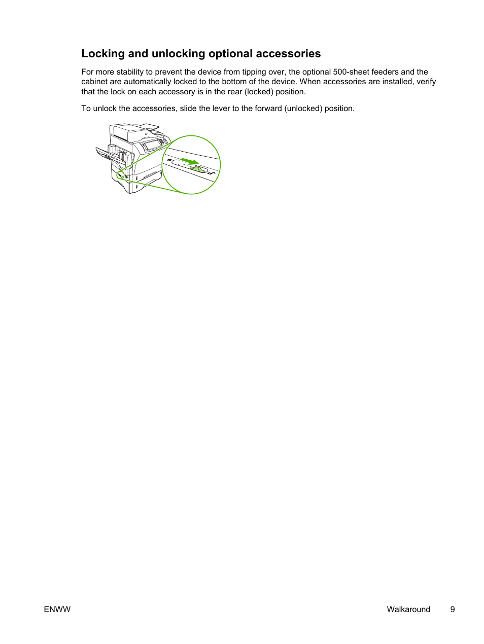 Locking and unlocking optional accessories | HP LaserJet M4345 Multifunction Printer series User Manual | Page 21 / 296