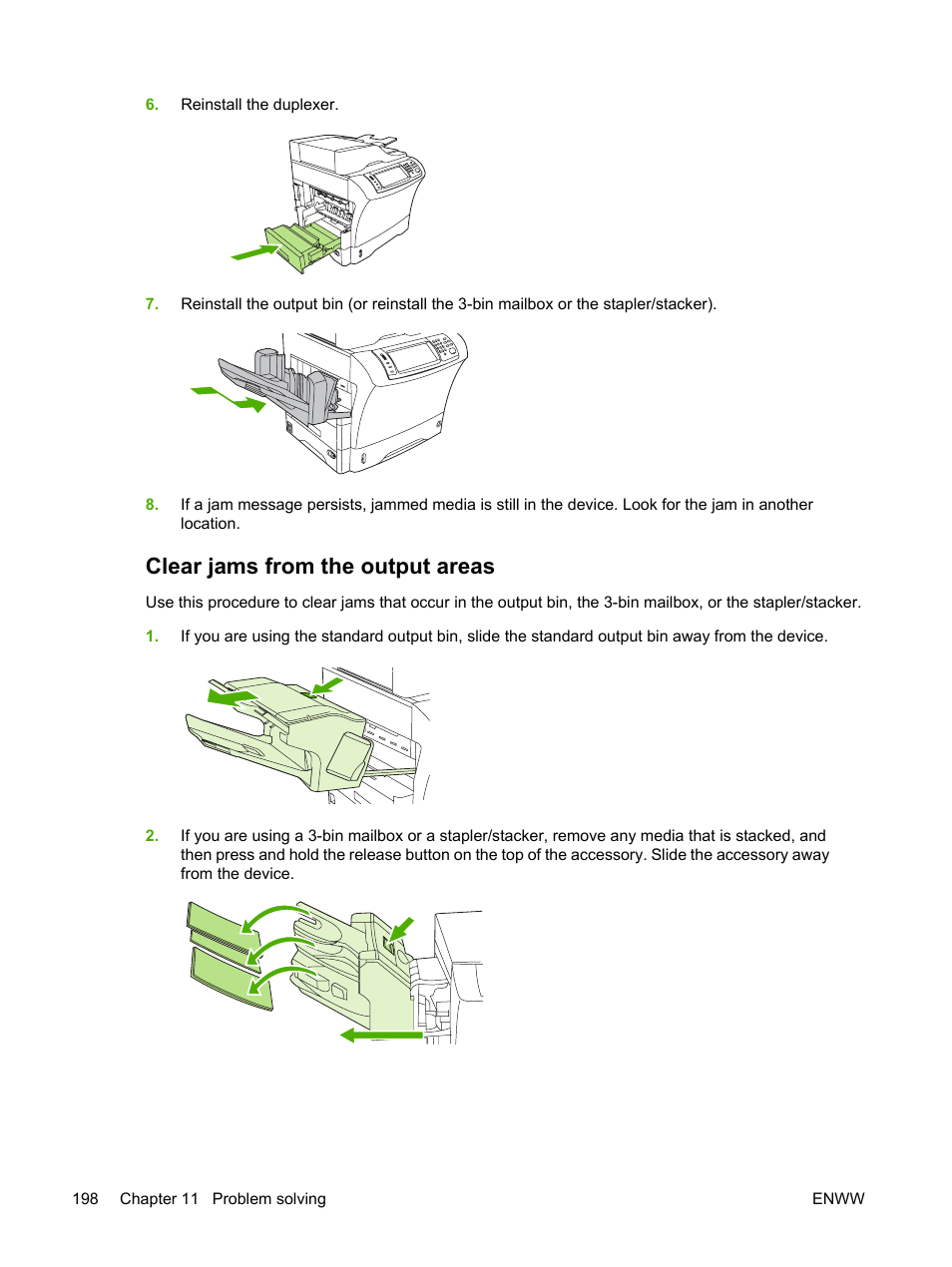 Clear jams from the output areas, Clear jams from the output, Areas | HP LaserJet M4345 Multifunction Printer series User Manual | Page 210 / 296