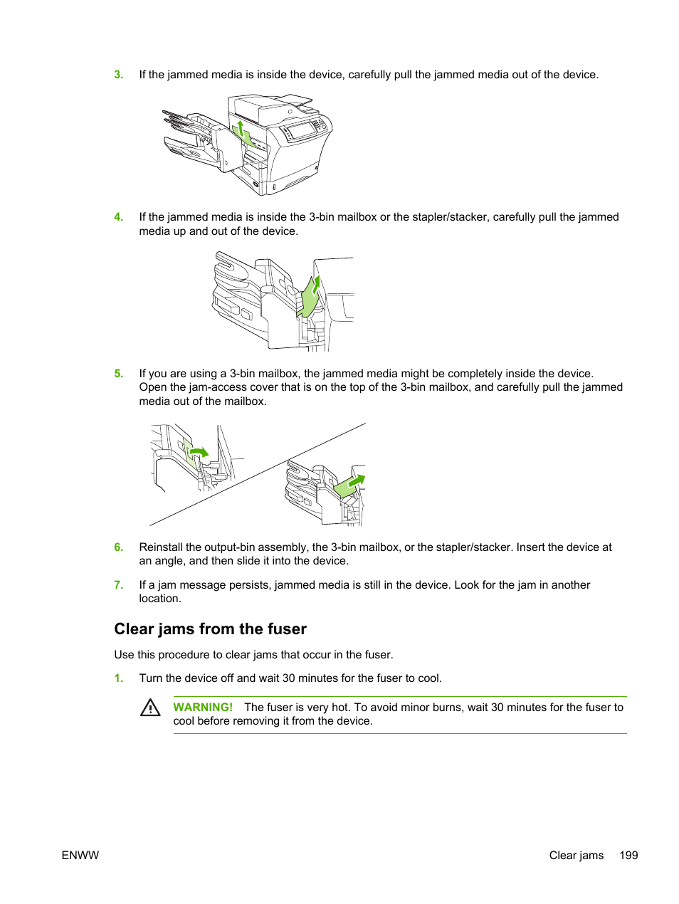 Clear jams from the fuser | HP LaserJet M4345 Multifunction Printer series User Manual | Page 211 / 296