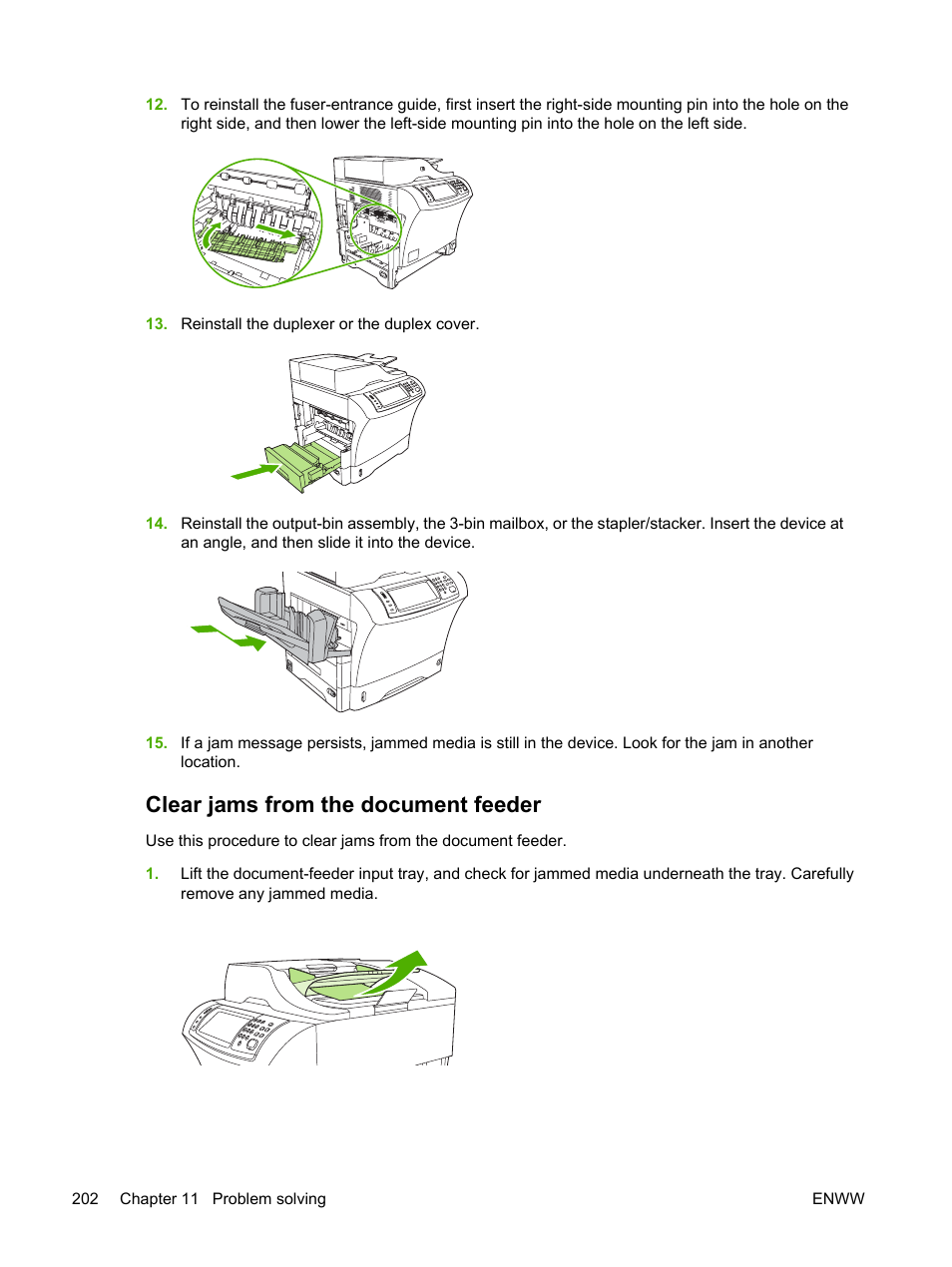 Clear jams from the document feeder, Onscreen dialog box. see, Clear jams from | The document feeder, Also see, Clear jams from the, Document feeder | HP LaserJet M4345 Multifunction Printer series User Manual | Page 214 / 296