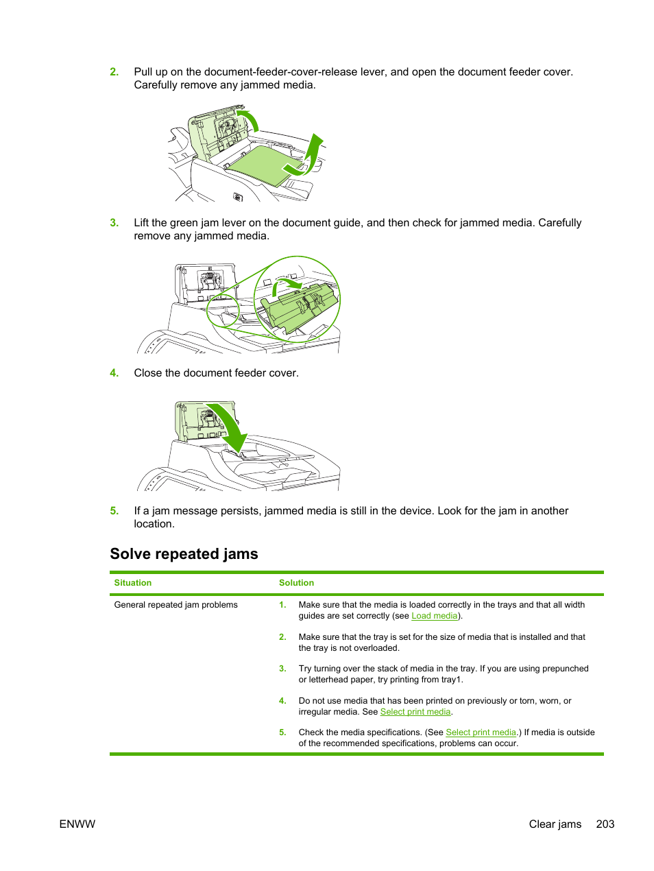 Solve repeated jams, Solve, Repeated jams | Solve repeated, Jams, Jams are a recurring problem, see | HP LaserJet M4345 Multifunction Printer series User Manual | Page 215 / 296