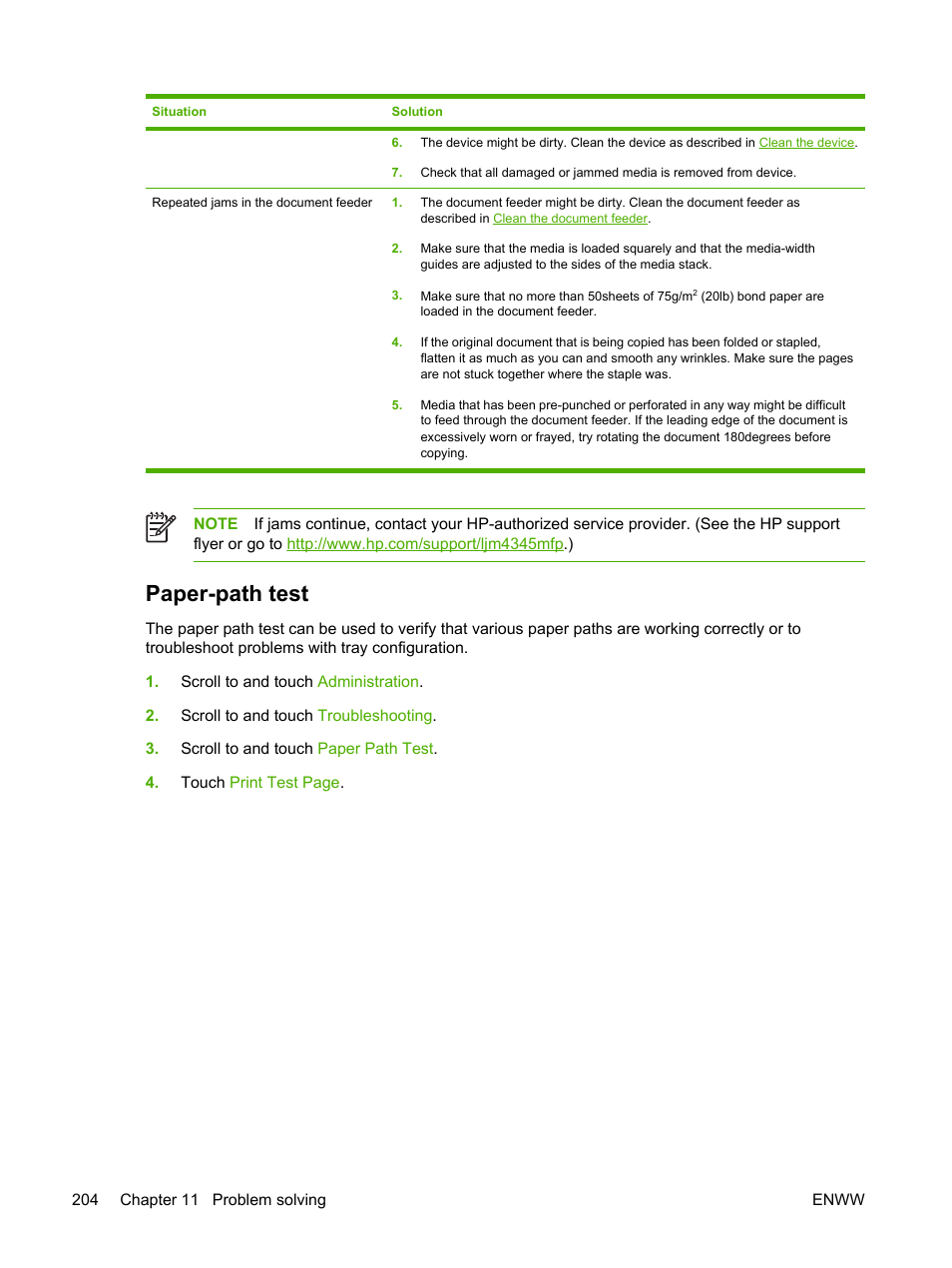 Paper-path test | HP LaserJet M4345 Multifunction Printer series User Manual | Page 216 / 296