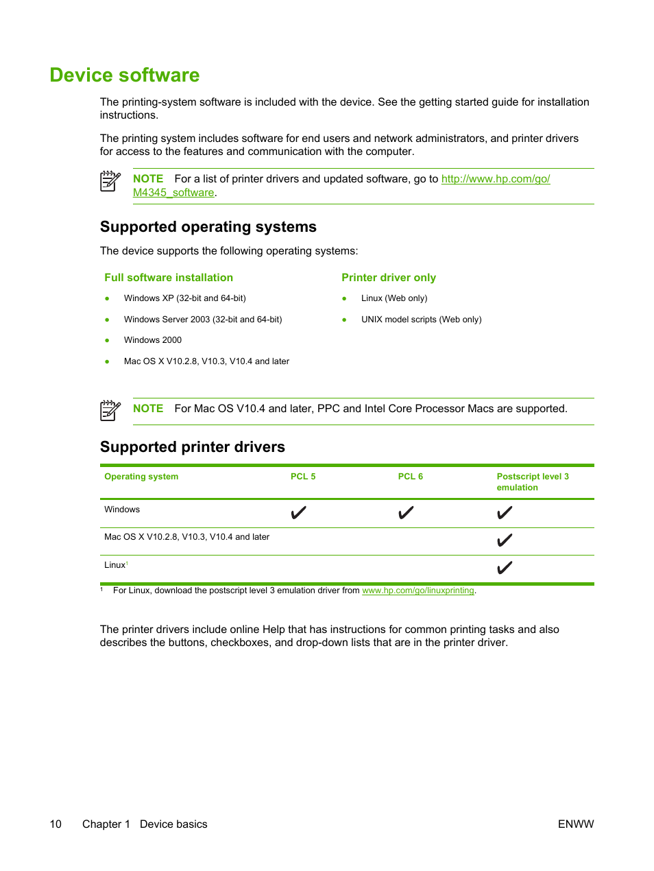 Device software, Supported operating systems, Supported printer drivers | HP LaserJet M4345 Multifunction Printer series User Manual | Page 22 / 296