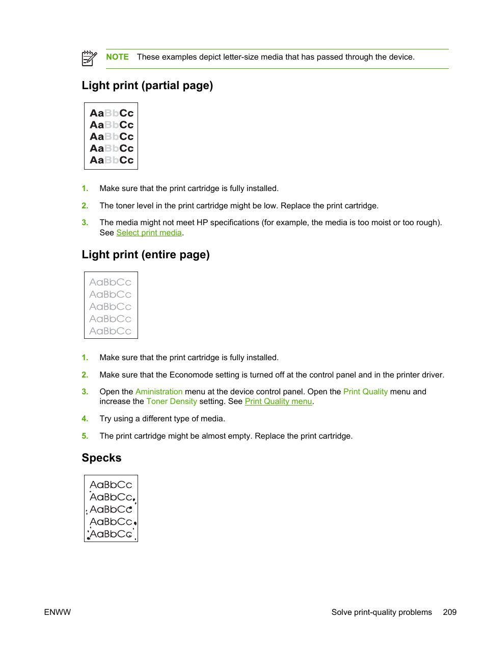 Specks, Light print (partial, Light print (entire | Light print (partial page), Light print (entire page) | HP LaserJet M4345 Multifunction Printer series User Manual | Page 221 / 296