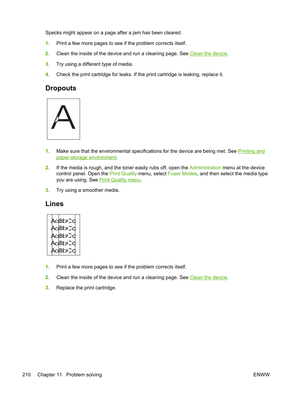 Dropouts, Lines, Dropouts lines | HP LaserJet M4345 Multifunction Printer series User Manual | Page 222 / 296