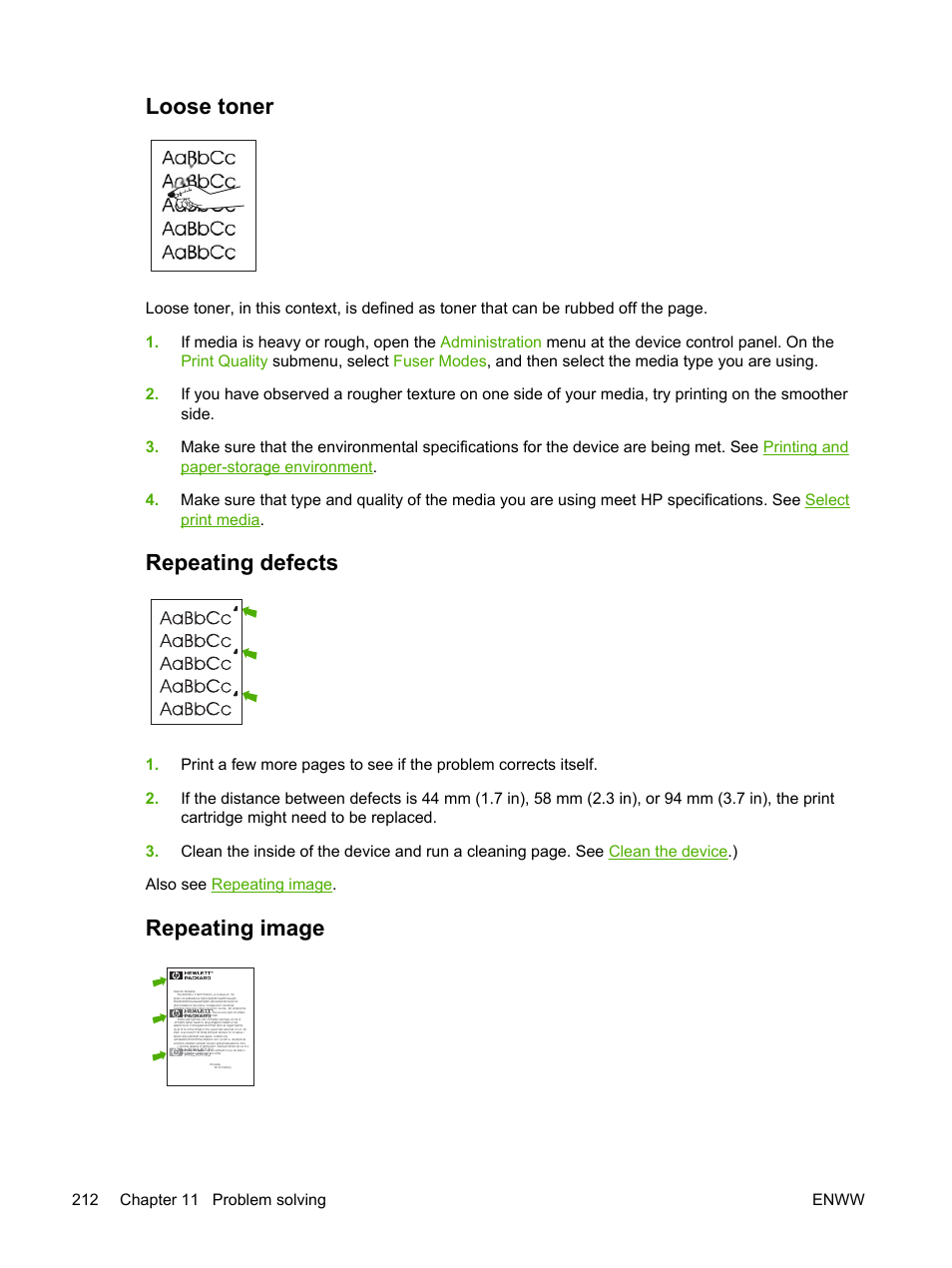 Loose toner, Repeating defects, Repeating image | Loose toner repeating defects repeating image, Also see | HP LaserJet M4345 Multifunction Printer series User Manual | Page 224 / 296