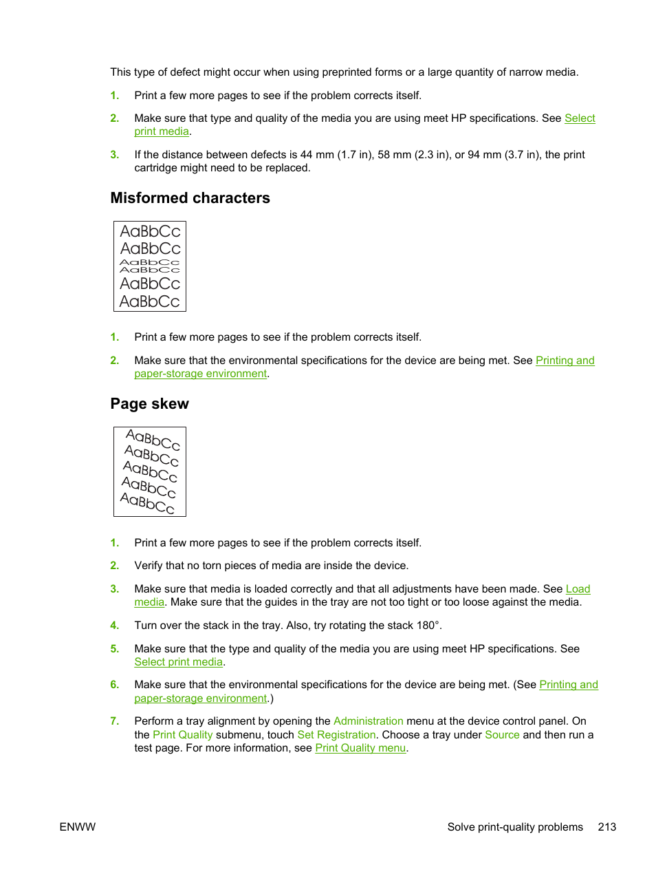 Misformed characters, Misformed, Characters | Aabbcc aabbcc aabbcc aabbcc, Page skew | HP LaserJet M4345 Multifunction Printer series User Manual | Page 225 / 296