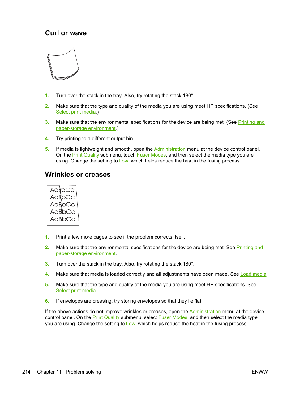 Curl or wave, Wrinkles or creases, Curl or wave wrinkles or creases | Wrinkles or, Creases | HP LaserJet M4345 Multifunction Printer series User Manual | Page 226 / 296