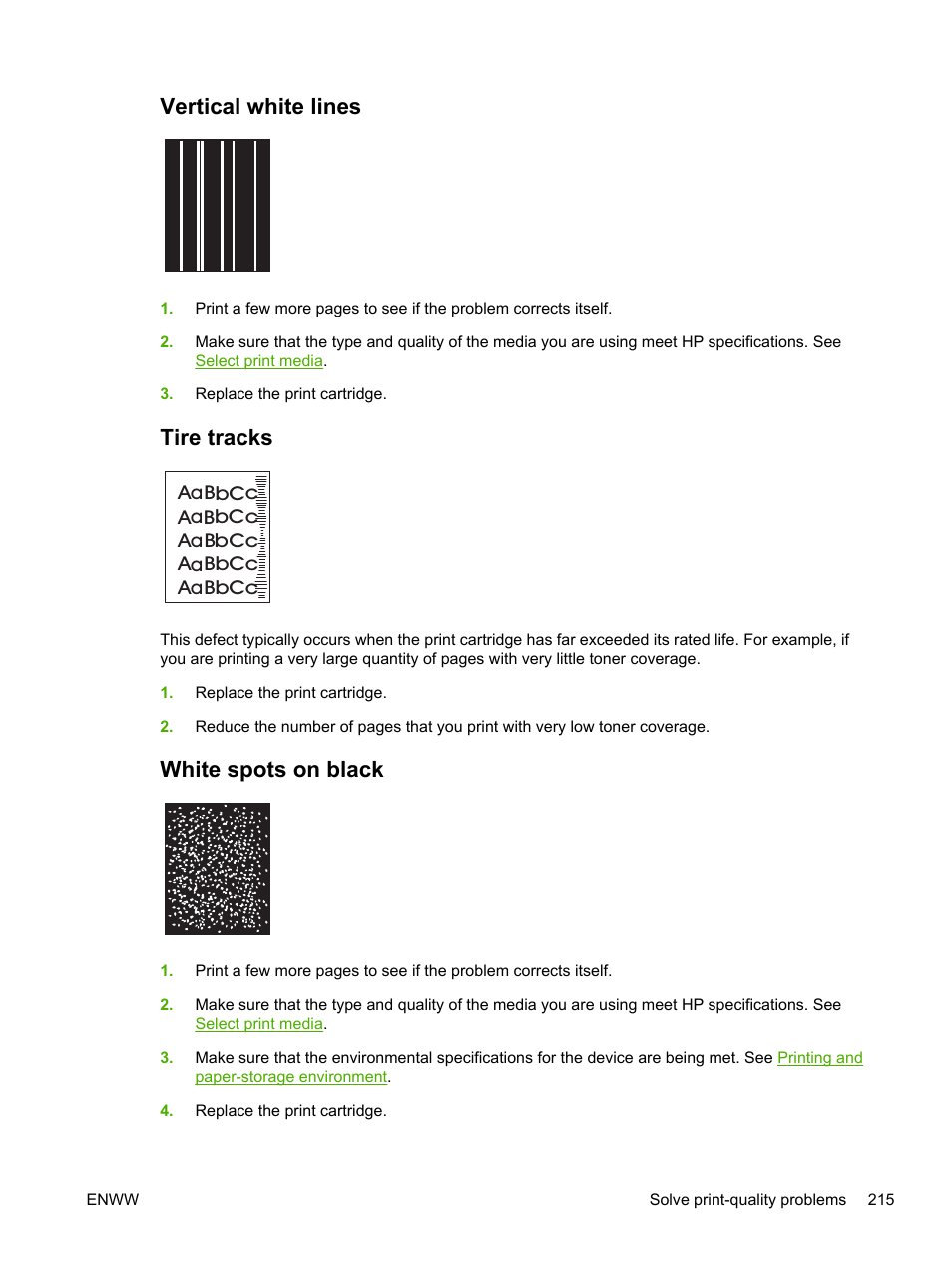 Vertical white lines, Tire tracks, White spots on black | White spots on, Black | HP LaserJet M4345 Multifunction Printer series User Manual | Page 227 / 296