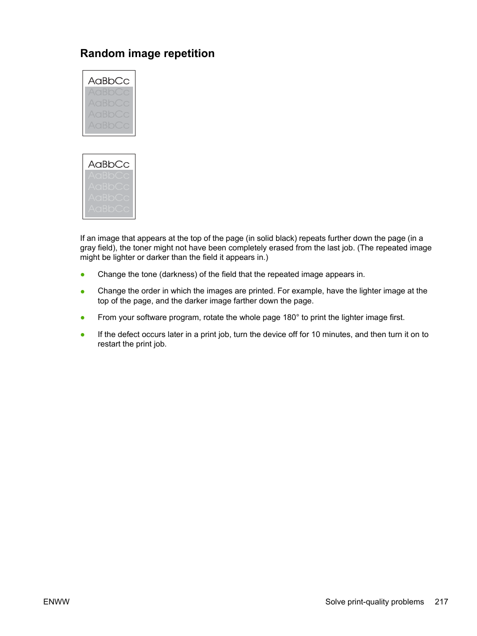 Random image repetition, Random image, Repetition | HP LaserJet M4345 Multifunction Printer series User Manual | Page 229 / 296