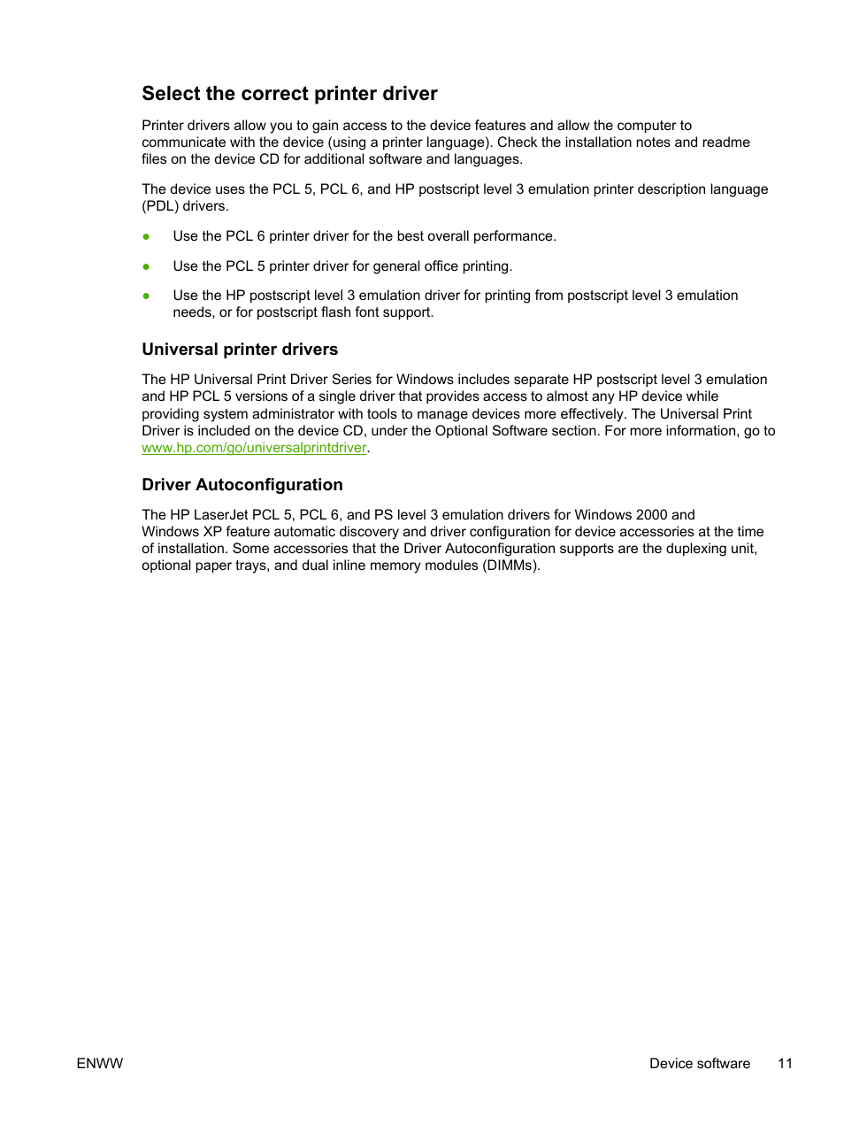 Select the correct printer driver, Universal printer drivers, Driver autoconfiguration | Universal printer drivers driver autoconfiguration | HP LaserJet M4345 Multifunction Printer series User Manual | Page 23 / 296