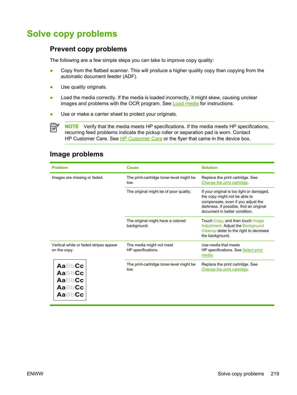 Solve copy problems, Prevent copy problems, Image problems | Prevent copy problems image problems | HP LaserJet M4345 Multifunction Printer series User Manual | Page 231 / 296