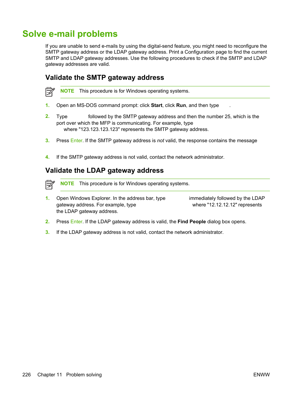 Solve e-mail problems, Validate the smtp gateway address, Validate the ldap gateway address | To learn, Validate the smtp ip address. see, Solve e, Mail problems, Server address. see, Solve, E-mail problems | HP LaserJet M4345 Multifunction Printer series User Manual | Page 238 / 296