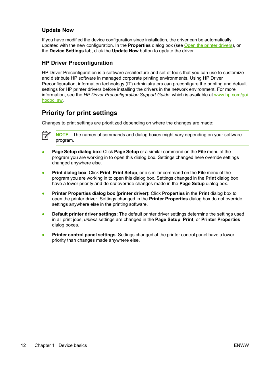 Update now, Hp driver preconfiguration, Priority for print settings | Update now hp driver preconfiguration | HP LaserJet M4345 Multifunction Printer series User Manual | Page 24 / 296