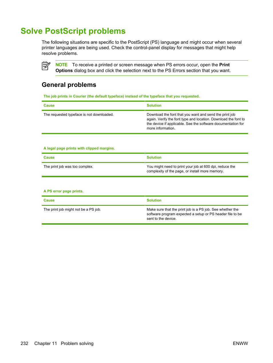Solve postscript problems, General problems | HP LaserJet M4345 Multifunction Printer series User Manual | Page 244 / 296
