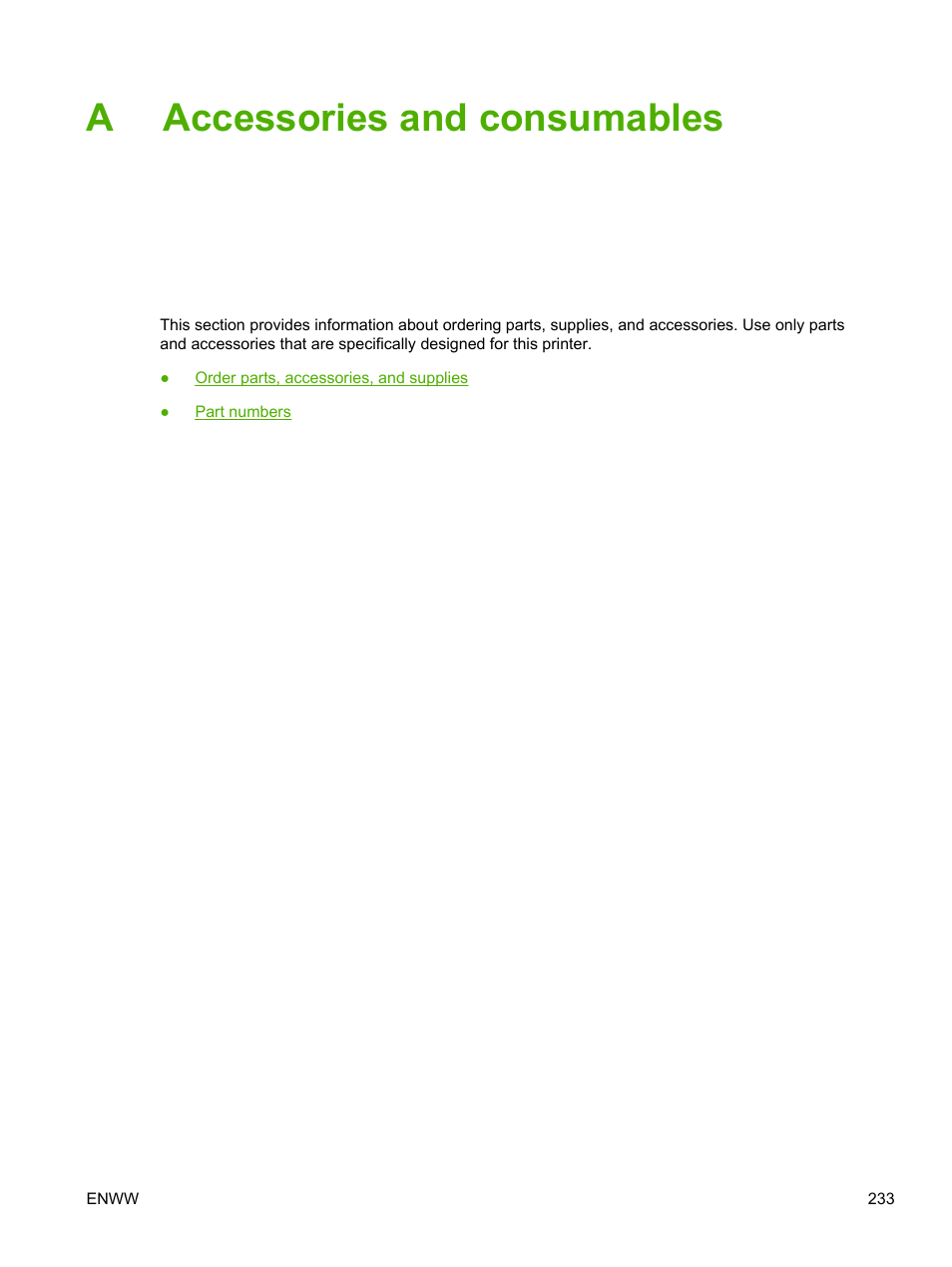 Accessories and consumables, Appendix a accessories and consumables, Aaccessories and consumables | HP LaserJet M4345 Multifunction Printer series User Manual | Page 245 / 296