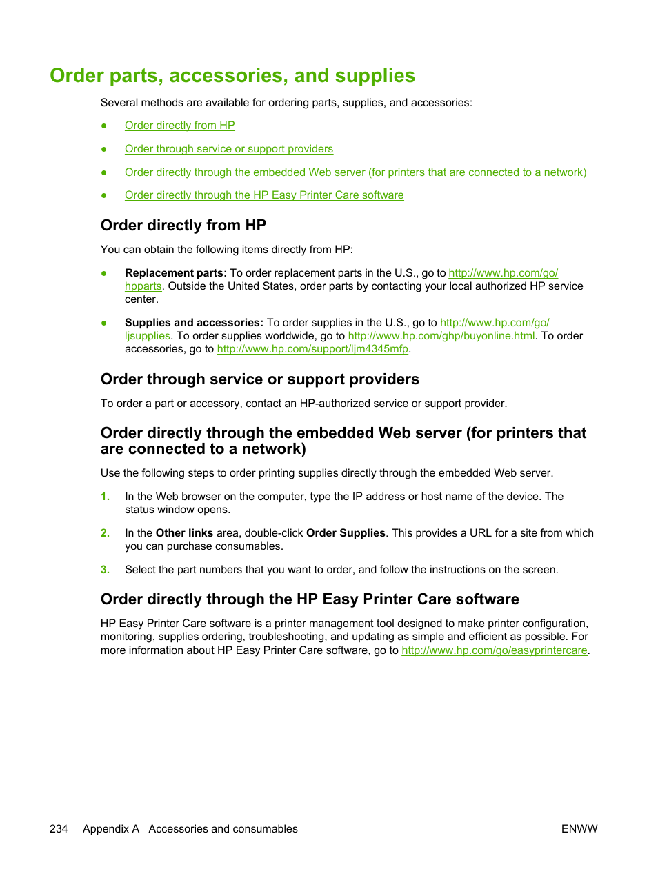 Order parts, accessories, and supplies, Order directly from hp, Order through service or support providers | Order, Parts, accessories, and supplies, Order parts, Accessories, and supplies, Cartridge see, Order parts, accessories, and, Supplies | HP LaserJet M4345 Multifunction Printer series User Manual | Page 246 / 296