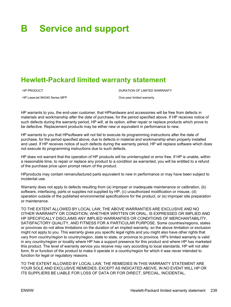 Service and support, Hewlett-packard limited warranty statement, Appendix b service and support | Bservice and support | HP LaserJet M4345 Multifunction Printer series User Manual | Page 251 / 296