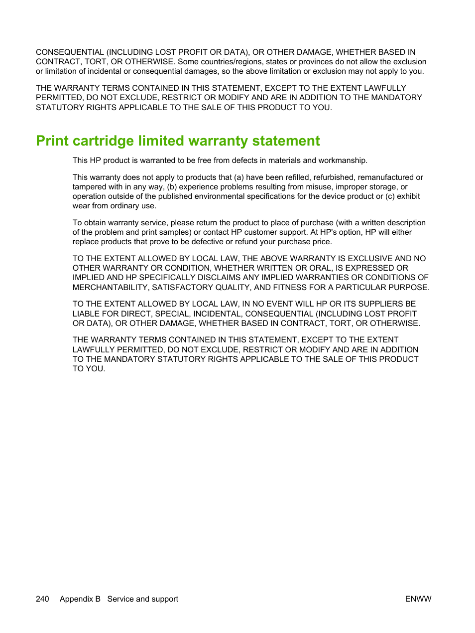 Print cartridge limited warranty statement | HP LaserJet M4345 Multifunction Printer series User Manual | Page 252 / 296