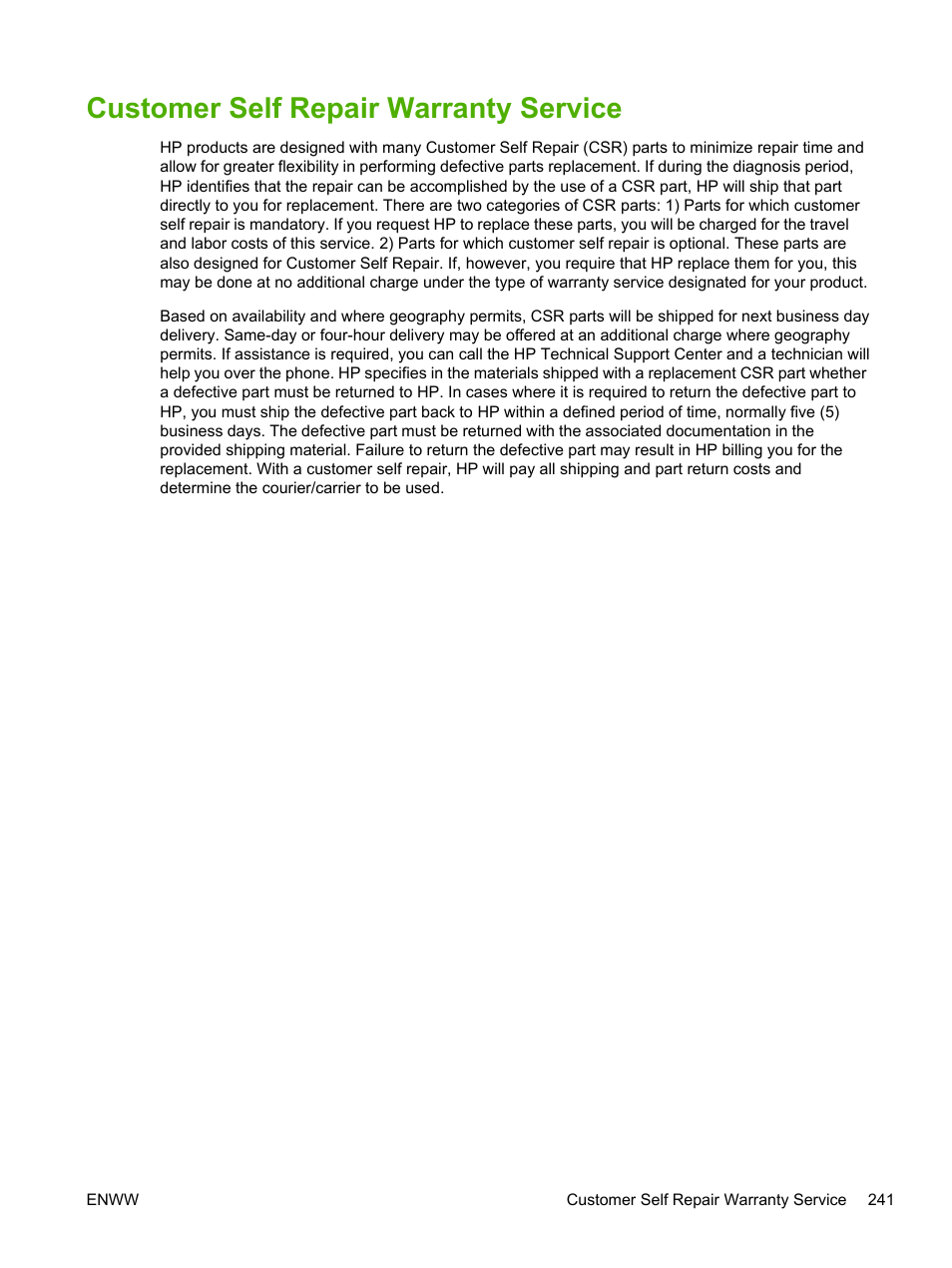 Customer self repair warranty service | HP LaserJet M4345 Multifunction Printer series User Manual | Page 253 / 296
