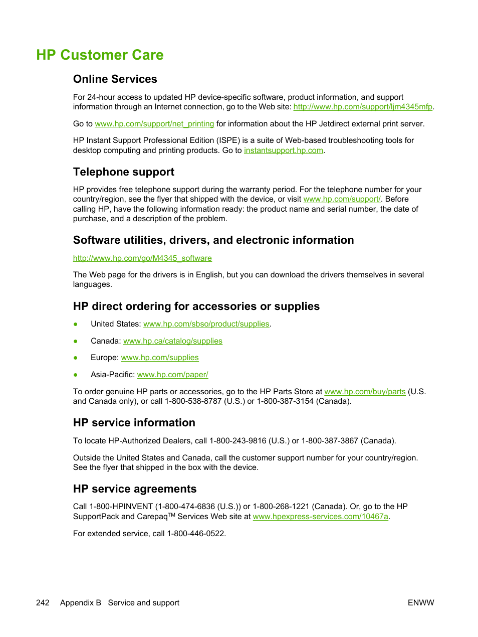 Hp customer care, Online services, Telephone support | Hp direct ordering for accessories or supplies, Hp service information, Hp service agreements, Care. see, Hp customer, Care | HP LaserJet M4345 Multifunction Printer series User Manual | Page 254 / 296