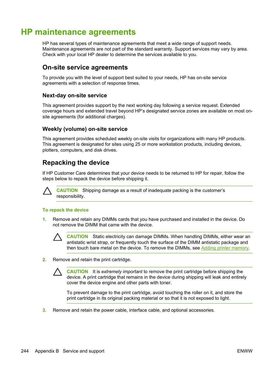 Hp maintenance agreements, On-site service agreements, Next-day on-site service | Weekly (volume) on-site service, Repacking the device | HP LaserJet M4345 Multifunction Printer series User Manual | Page 256 / 296