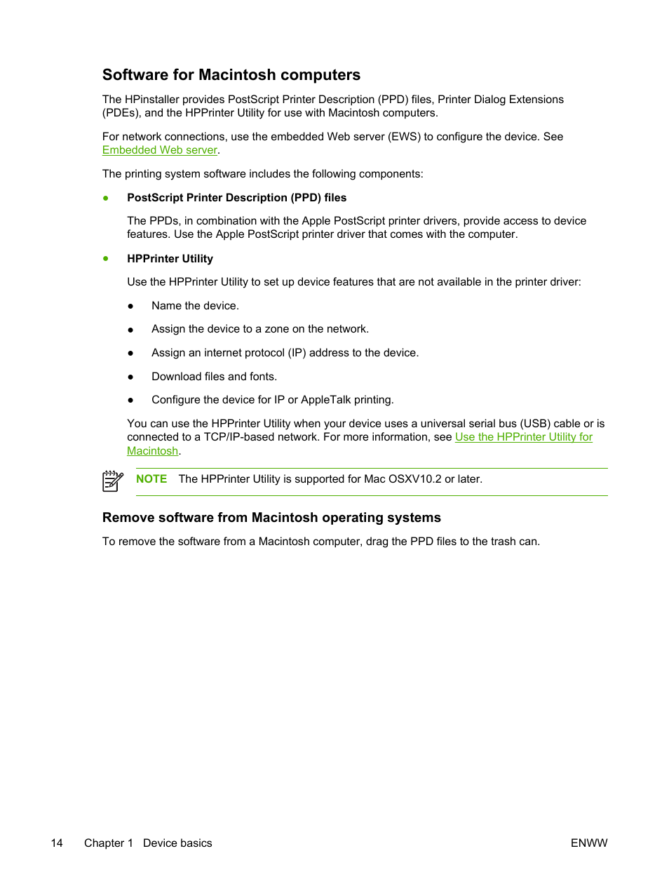 Software for macintosh computers, Remove software from macintosh operating systems | HP LaserJet M4345 Multifunction Printer series User Manual | Page 26 / 296