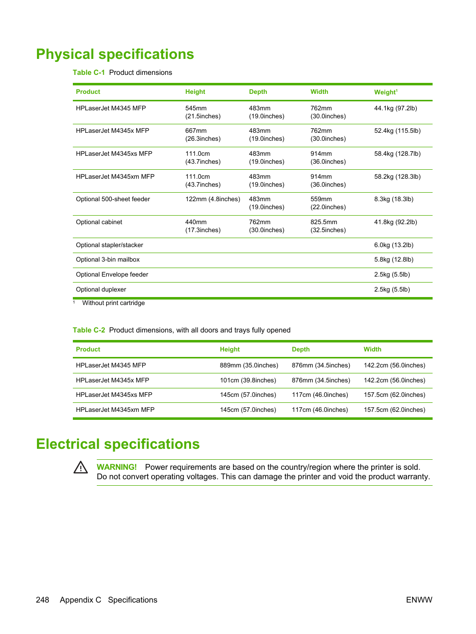 Physical specifications, Electrical specifications, Physical specifications electrical specifications | HP LaserJet M4345 Multifunction Printer series User Manual | Page 260 / 296