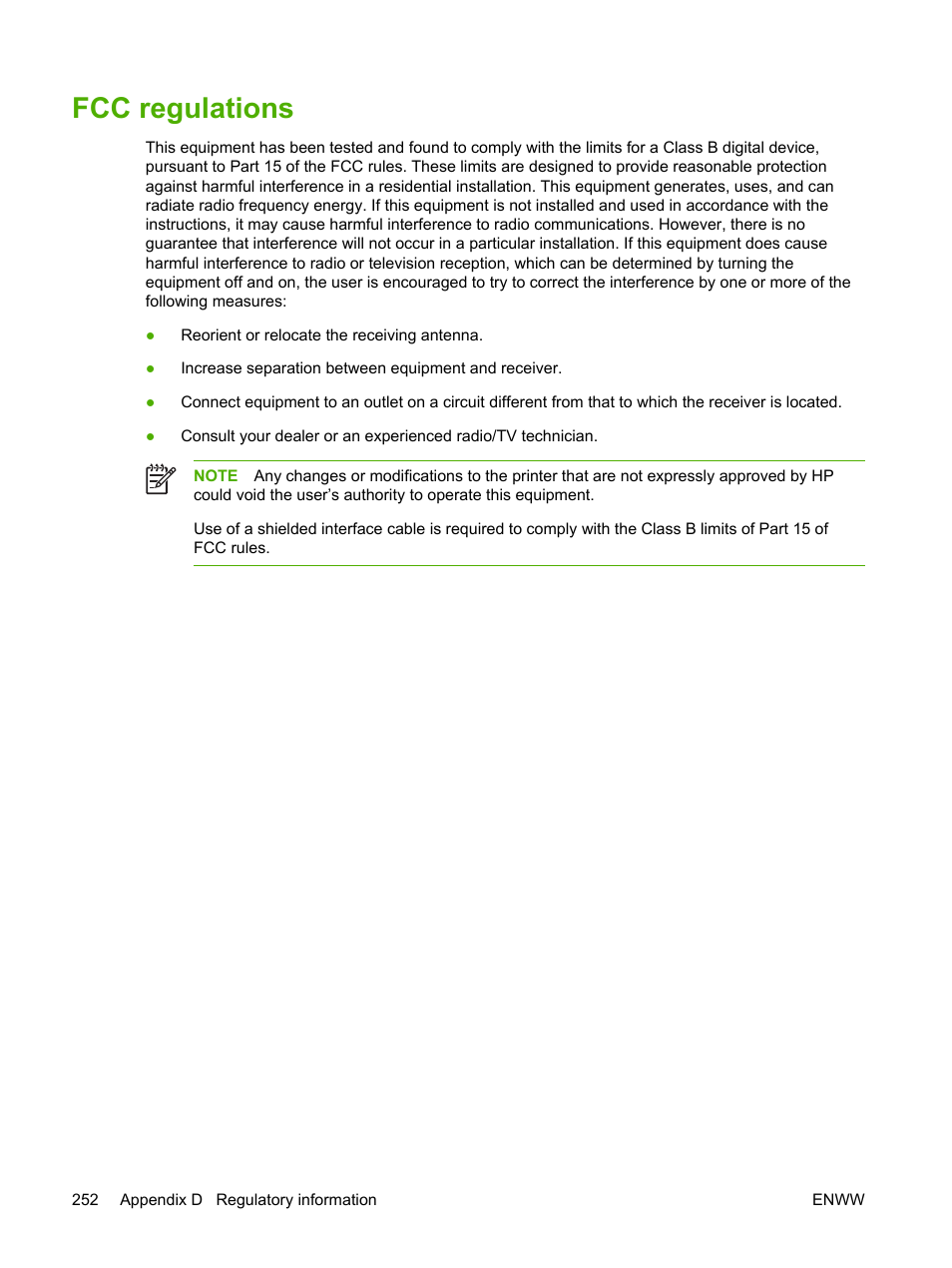 Fcc regulations | HP LaserJet M4345 Multifunction Printer series User Manual | Page 264 / 296