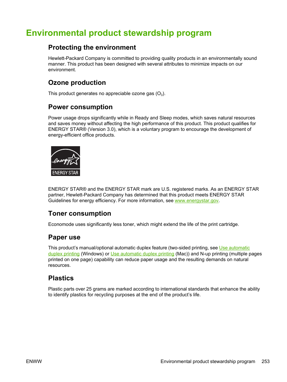 Environmental product stewardship program, Protecting the environment, Ozone production | Power consumption, Toner consumption, Paper use, Plastics | HP LaserJet M4345 Multifunction Printer series User Manual | Page 265 / 296