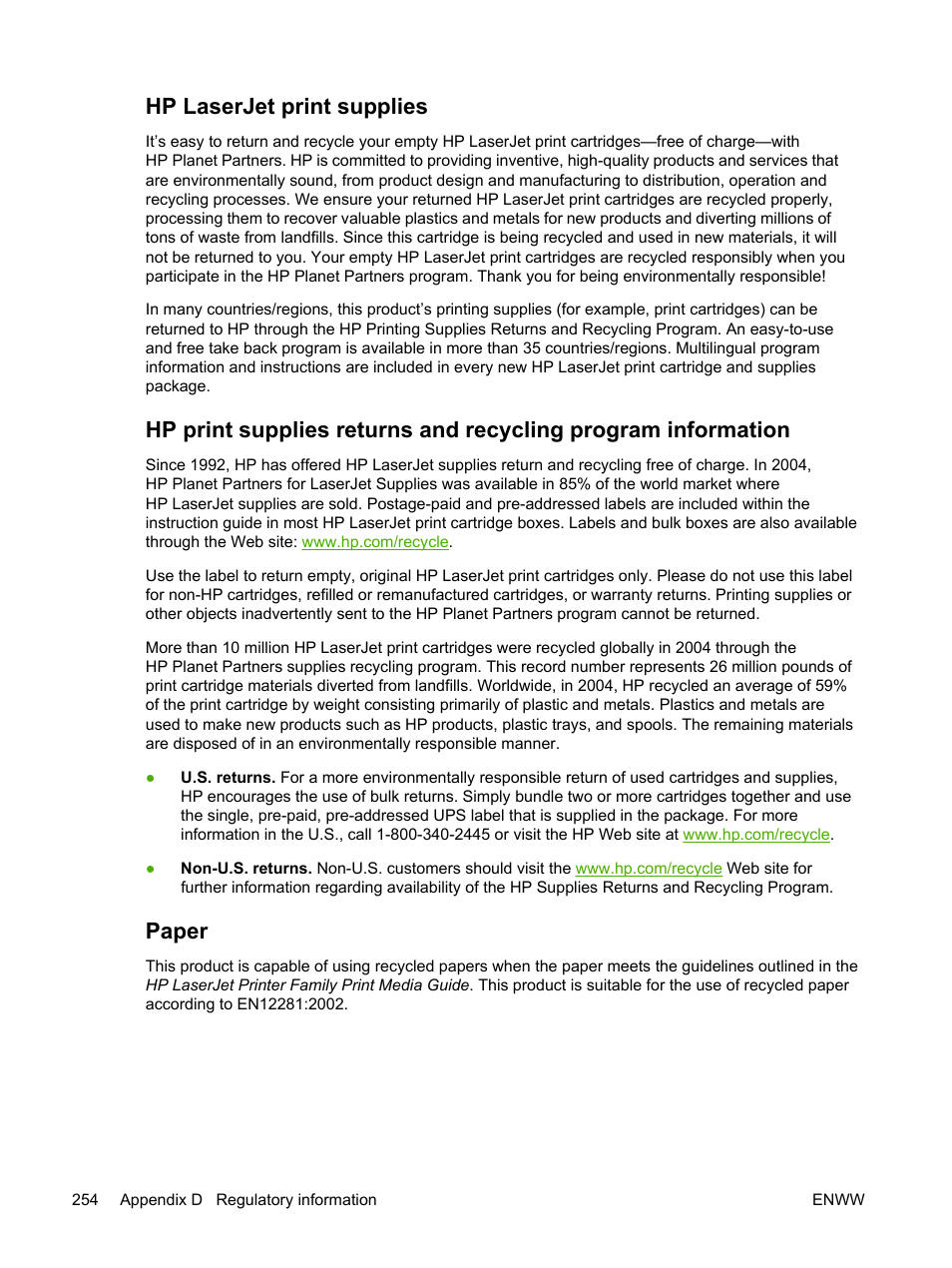 Hp laserjet print supplies, Paper | HP LaserJet M4345 Multifunction Printer series User Manual | Page 266 / 296